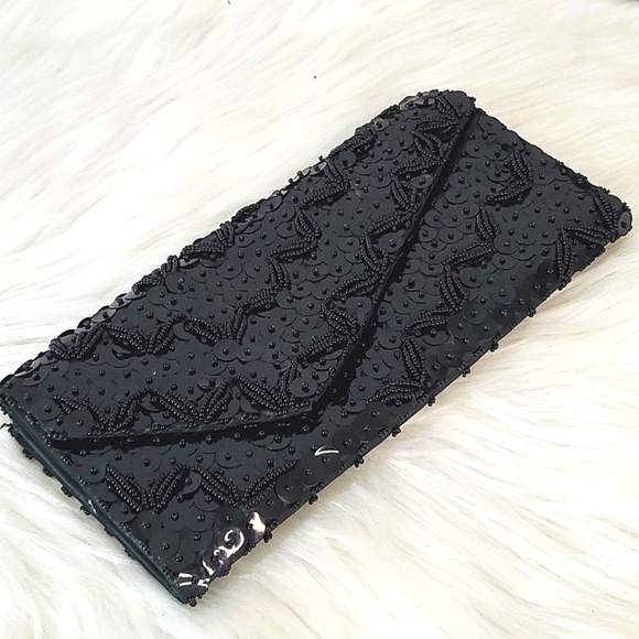 Vintage Full Sequin Beaded Black Flapper Style Clutch Wallet Gothic Hong Kong - Picture 4 of 14